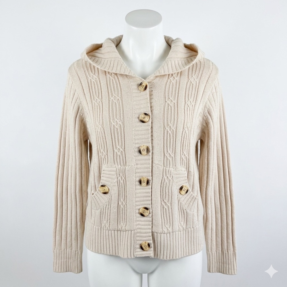 Vintage Y2K Digital Cream Cable Knit Hooded Cardigan Sweater Button Front L